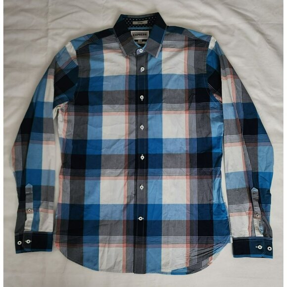 EXPRESS Men's Blue/Multicolor Fitted Plaid Long Sleeve Shirt Size Medium - Picture 4 of 12